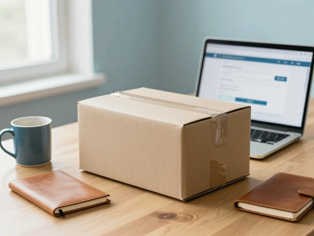 Colis en carton et ordinateur portable illustrant la gestion complète d'un achat en ligne.