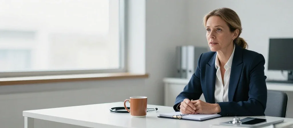 Professionnelle de santé française attentive lors d'une consultation médicale dans un bureau lumineux.