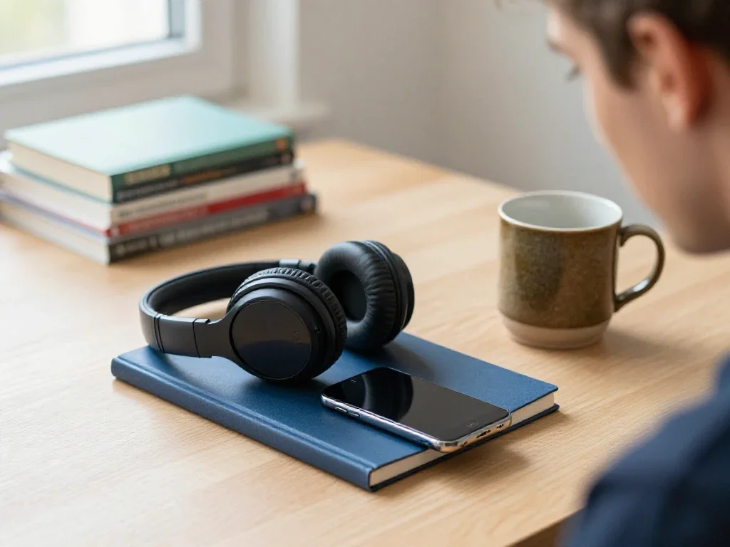 Smartphone et casque audio sur un bureau, illustrant une concentration profonde et un apprentissage varié.