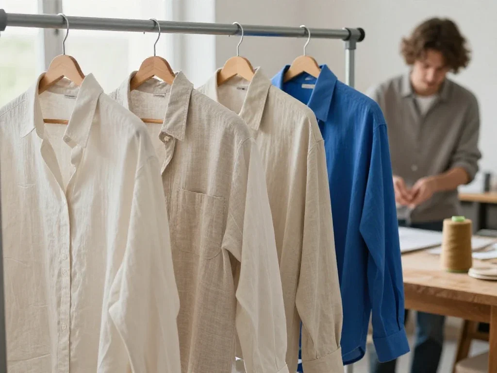 Vêtements en lin suspendus dans un atelier, illustrant la précision et la qualité des matières.